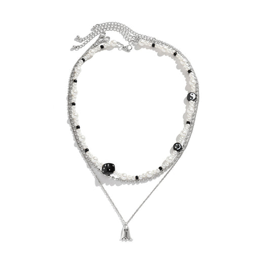 Pearl Smiley Face & Dice & Rice Bead Chain & Ghost Multi-Layered Jewelry Set for Women - Argesteel