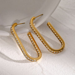 Radiant Curve – 18K Gold U-Shaped Earrings with Diamond Inlay