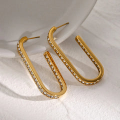 Radiant Curve – 18K Gold U-Shaped Earrings with Diamond Inlay