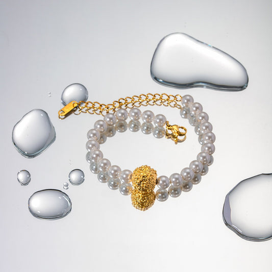 Flower & Pearl Hammered Bracelet – 18K Gold Plated - Argesteel