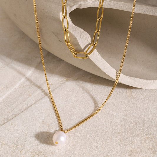 18K Gold Double-Layer Chain Pearl Pendant Necklace - Argesteel