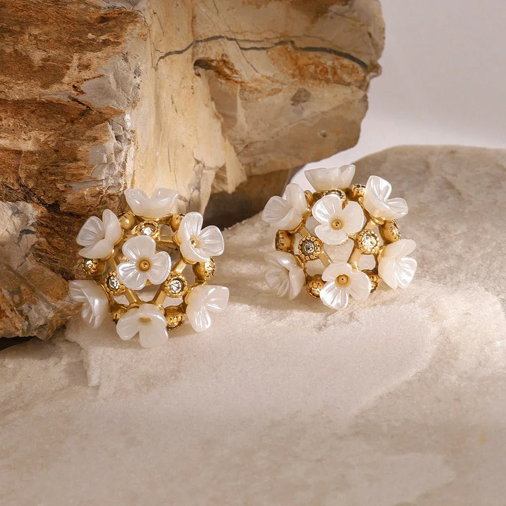Floral Luminance – 18K Gold Earrings with Gemstone & Bloom Design