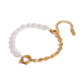 Golden Harmony – 18K Gold Hollow Circle and Pearl Chain Bracelet