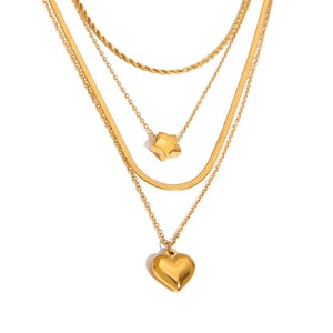 Double Chain Heart Star Necklace – 18K Gold Plated Simple | Argesteel