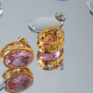 Regalia Heart โ 18K Gold Oval Gemstone & Heart Hollow Design Earrings