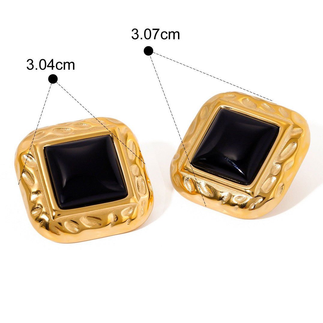18K Gold Hammered Square Gemstone Earrings for Women - Argesteel