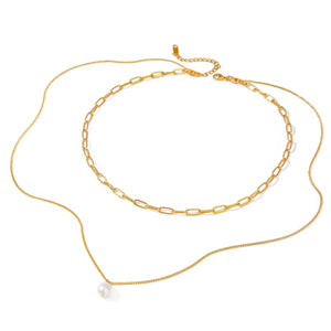 Grace Layers – 18K Gold Double Chain Pearl Necklace