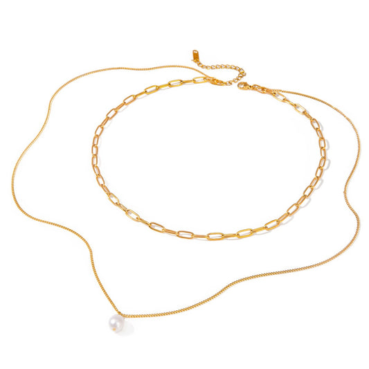 Pearl Pendant Double Layer Necklace – 18K Gold Plated - Argesteel