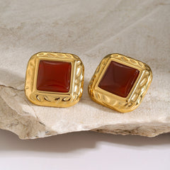 Regal Form – 18K Gold Hammered Square Earrings with Gemstone Inlay