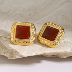 Regal Form – 18K Gold Hammered Square Earrings with Gemstone Inlay
