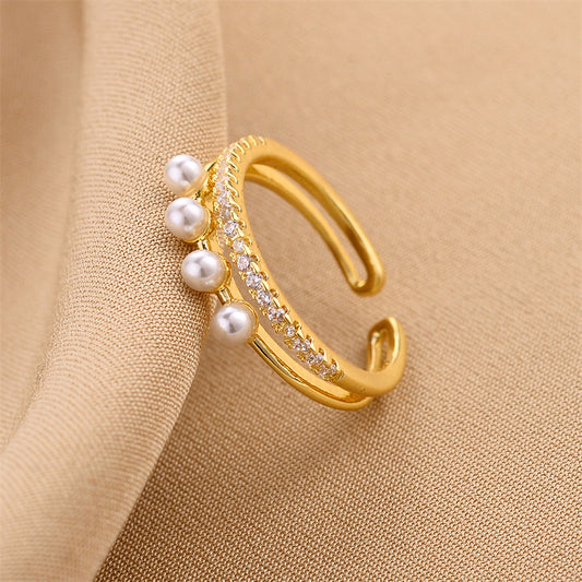 18K Gold Zircon & Crystal Jade Open Ring for Women - Argesteel