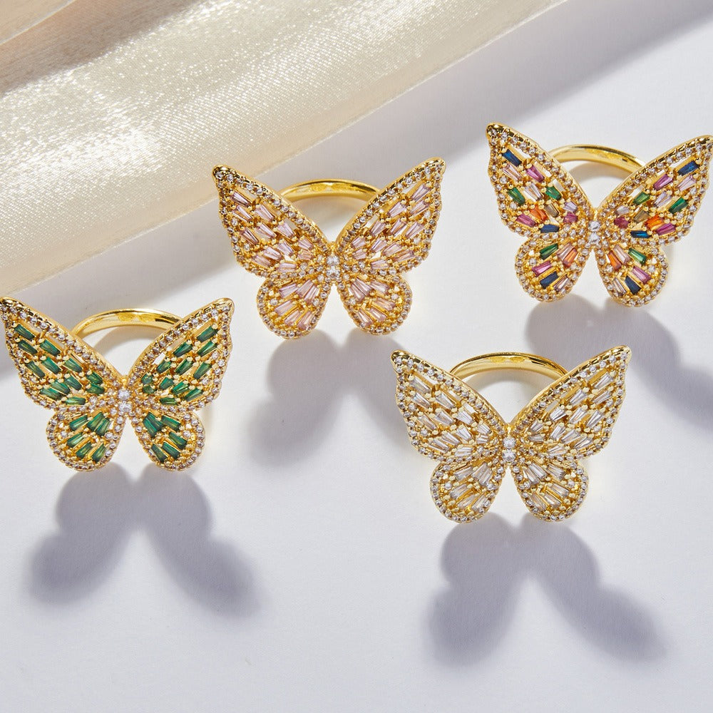 18K gold butterfly ring with inlaid zircon stones in light luxury design