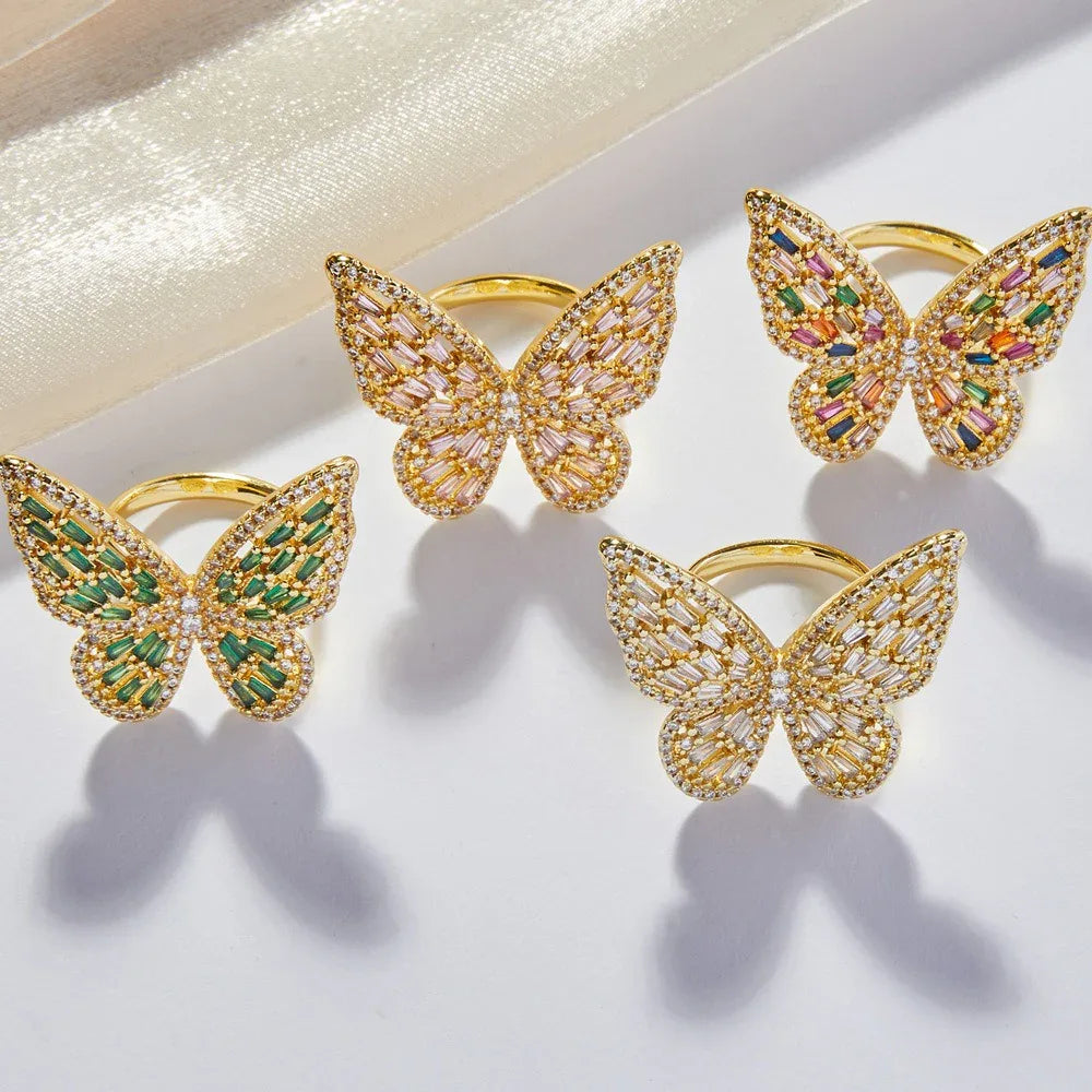 18K gold butterfly ring with inlaid zircon stones in light luxury design