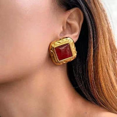 Regal Form – 18K Gold Hammered Square Earrings with Gemstone Inlay