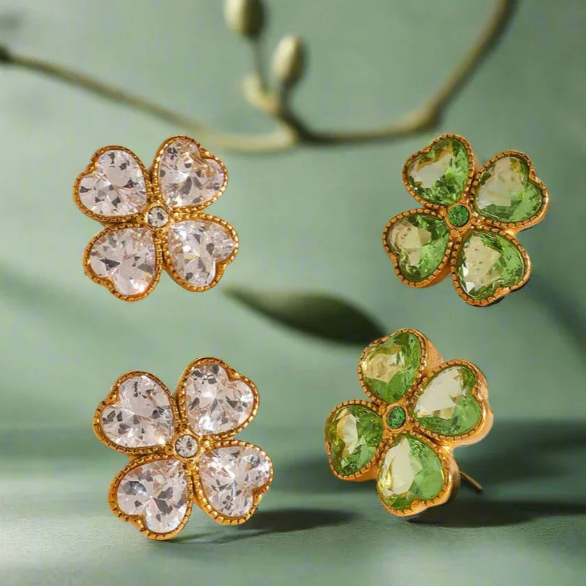 Lucky Bloom – 18K Gold Four-Leaf Clover Earrings with Gemstone Inlay