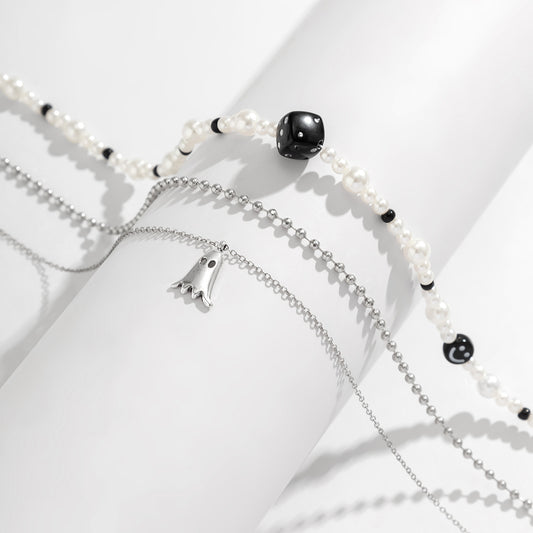 Pearl Smiley Face & Dice & Rice Bead Chain & Ghost Multi-Layered Jewelry Set for Women - Argesteel
