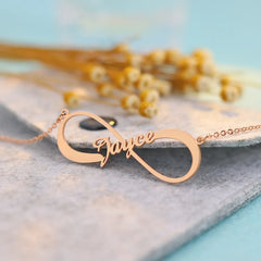 Silver infinity symbol necklace with customizable name engraving
