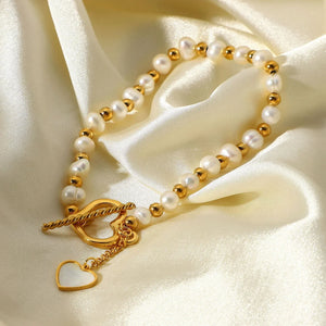 Lustre Link β 18K Gold Pearl Heart Bracelet with OT Clasp