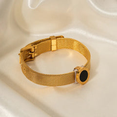 Timeless Noir – 18K Gold Roman Watch Band Bracelet with Black Gemstone