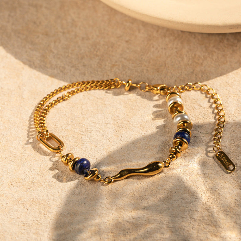 Ocean Bloom – 18K Gold Pearl and Lapis Lazuli Water Drop Design Bracelet