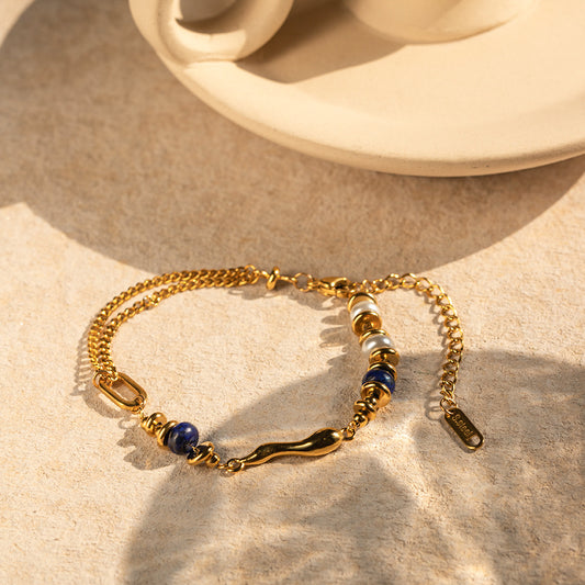 18K Personalized Pearl & Lapis Lazuli Water Drop Bracelet for Women - Argesteel