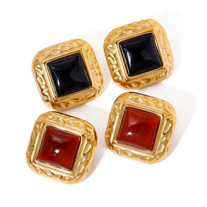 Regal Form β 18K Gold Hammered Square Earrings with Gemstone Inlay