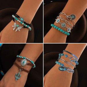 Cactus Tag Bracelet Set – S925 Silver with Imitation Turquoise Design