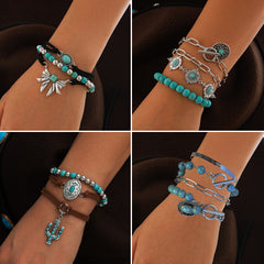Silver bracelet set with cactus and turquoise accents