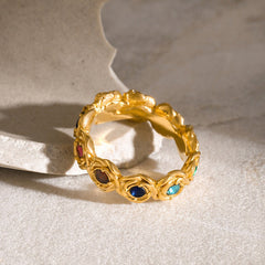 Timeless Bloom – 18K Gold Elegant Retro Rose Ring with Round Gemstone