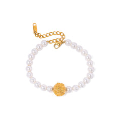 Regal Bloom – 18K Gold Hammered Flower and Pearl Design Bracelet