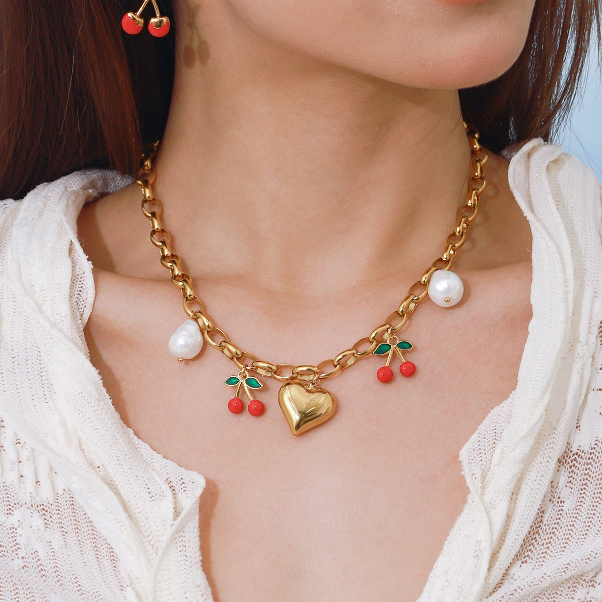Heart Cherry Necklace – 18K Gold Plated Romantic Noble | Argesteel