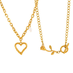 18K Gold Hollow Heart & Rose Pendant Necklace for Women - Argesteel
