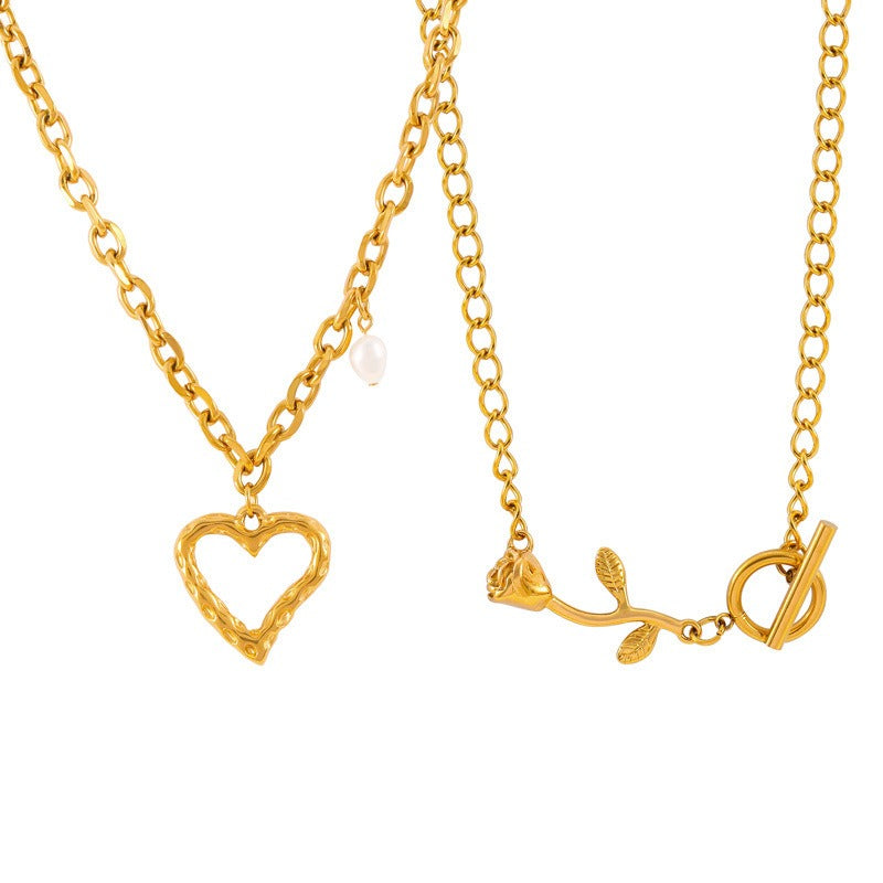 18K Gold Hollow Heart & Rose Pendant Necklace for Women - Argesteel