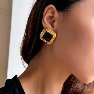 Regal Form β 18K Gold Hammered Square Earrings with Gemstone Inlay