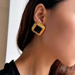 Regal Form – 18K Gold Hammered Square Earrings with Gemstone Inlay