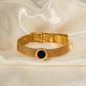 Timeless Noir – 18K Gold Roman Watch Band Bracelet with Black Gemstone