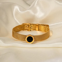 Timeless Noir – 18K Gold Roman Watch Band Bracelet with Black Gemstone