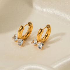 Fashion Novel 18K Gold Double Heart Bow Knot Earrings with Diamonds