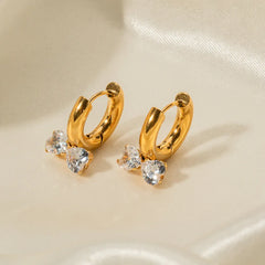Fashion Novel 18K Gold Double Heart Bow Knot Earrings with Diamonds