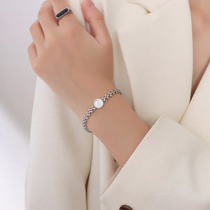 Golden Harvest β Titanium Steel Bracelet with White Seashell & Wheat Design