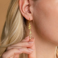 Model wearing personalized flower-shaped earrings with elegant styling