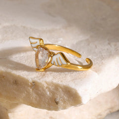 Celestial Heart 18K Gold Angel Wings Ring with Heart-Shaped Gemstone - Argesteel