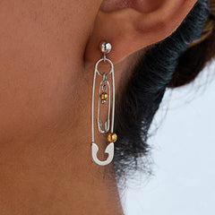 18K gold pin-shaped earrings with silver and bead accents