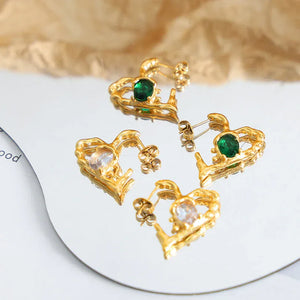 Exquisite Dazzling β 18K Gold Hollow Heart Gemstone Earrings