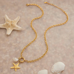 Luxury 18K gold starfish and pearl necklace for women