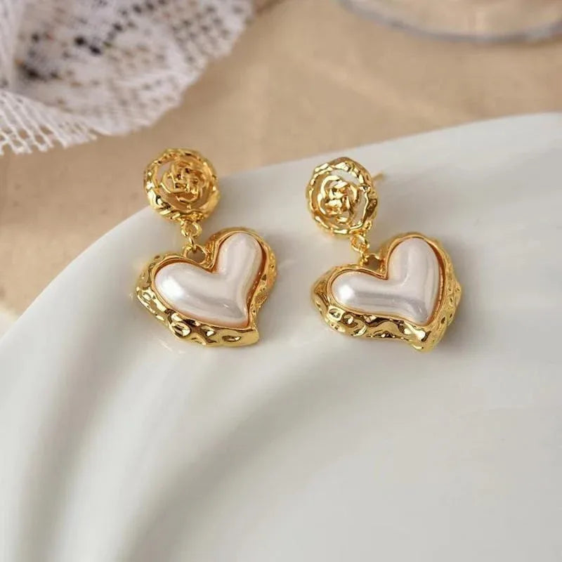 Amour Bloom Gold Heart Flower Earrings - 18K Gold Heart & Flower Pearl Design - Argesteel