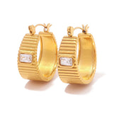 18K gold classic retro inlaid square gemstone with ribbed design earrings
