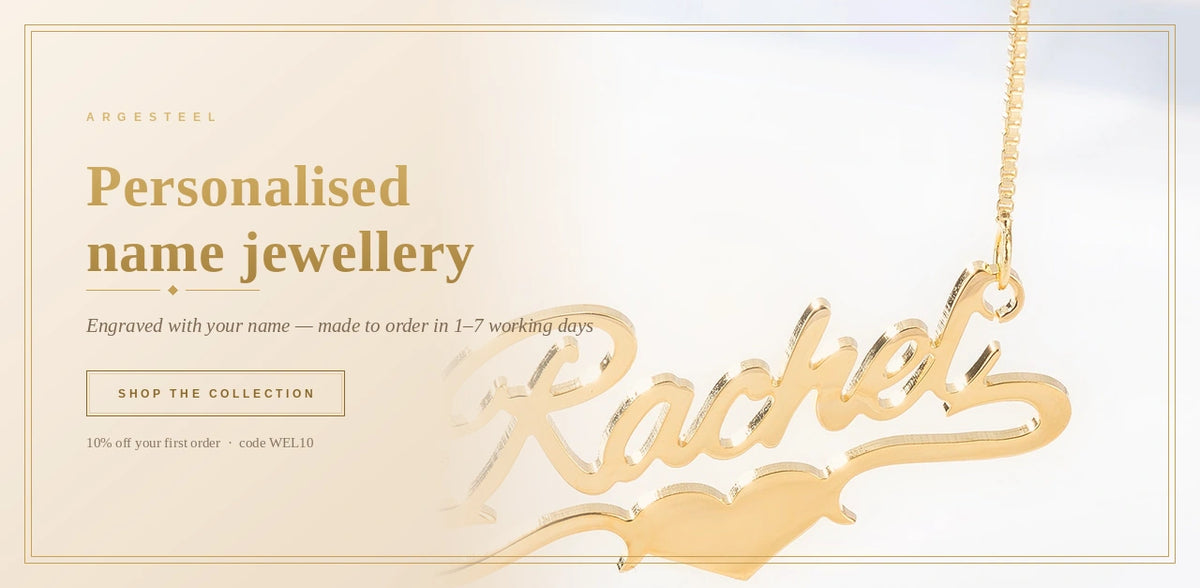 Argesteel personalised name jewellery, made to order in 1 to 7 working days.