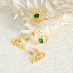 Exquisite Dazzling – 18K Gold Hollow Heart Gemstone Earrings