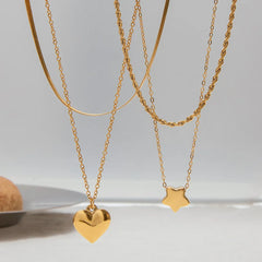 18K gold double chain necklace with heart pendant layered design